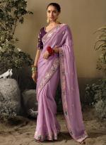 Pure Fancy Fabric Lilac Wedding Wear Heavy Embroidery Work Saree